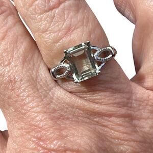 Natural Green Amethyst and Diamond Ring 925 Silver Size 7.25